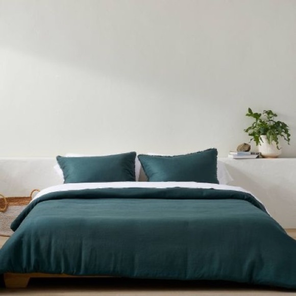 Casaluna KING Heavyweight Linen Blend Duvet Cover Set-  3 pc Dark Teal Green - Picture 3 of 6